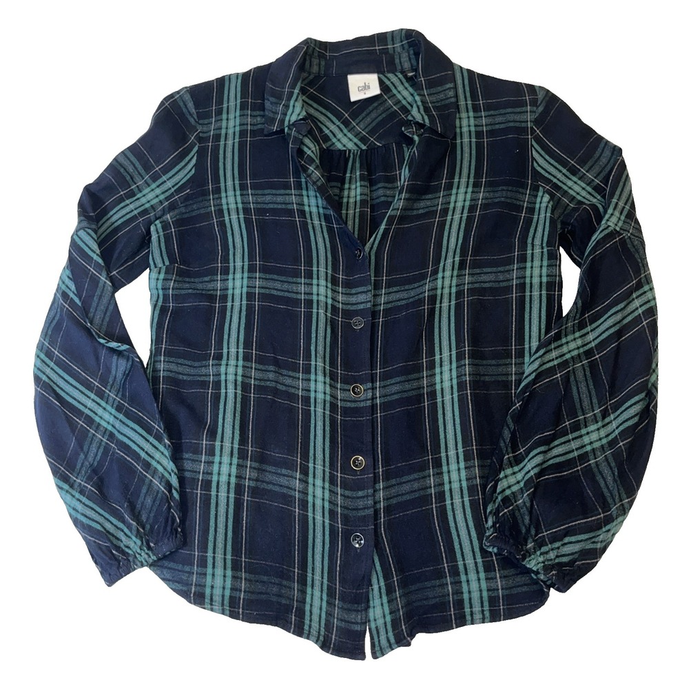 Cabi Plaid Button Up Shirt Small Womens Navy Big Sur Blouse Flannel Long Sleeve